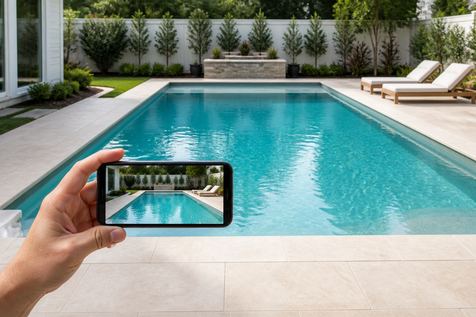 A phone capturing one clear photo of an entire residential swimming pool