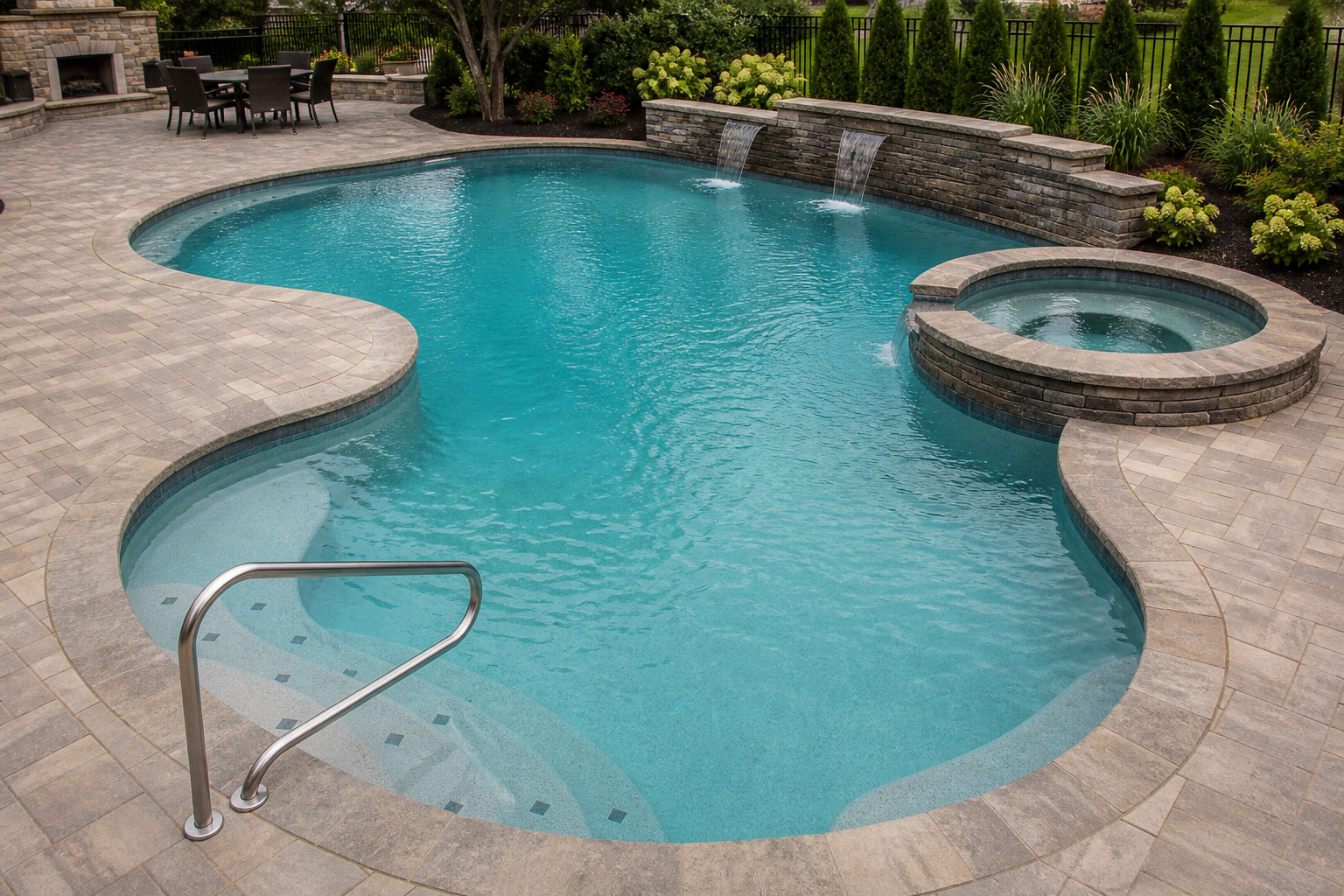 Freeform pool with curved edges, broad steps, a raised spa, waterfall wall, and handrail