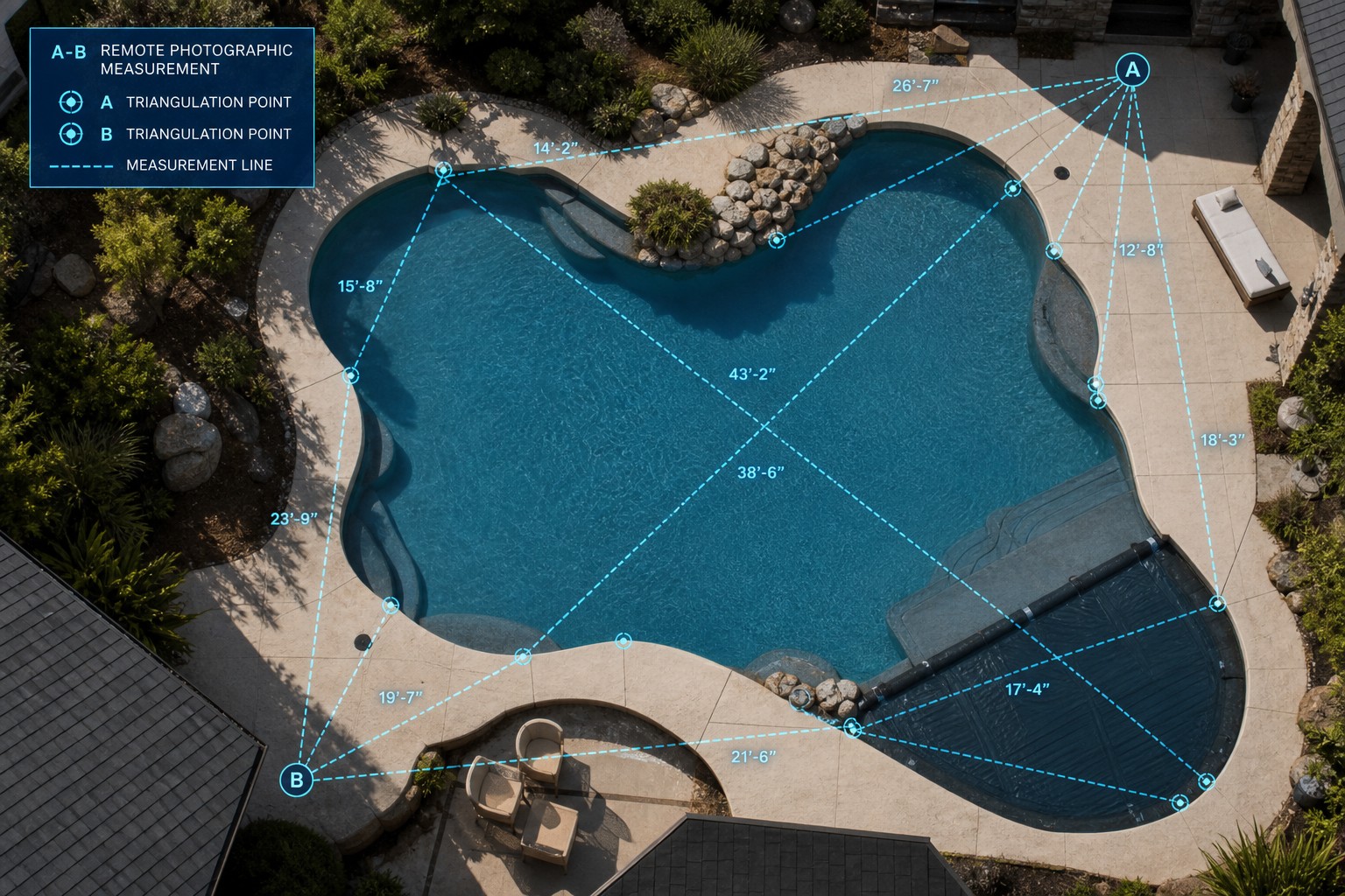 Aerial view of a swimming pool with A/B triangulation measurement lines overlaid, illustrating CoverFit's remote measurement technology