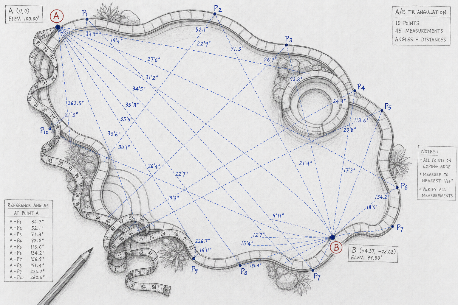 Technical sketch of an irregular pool showing triangulation measurement lines radiating to dozens of perimeter points