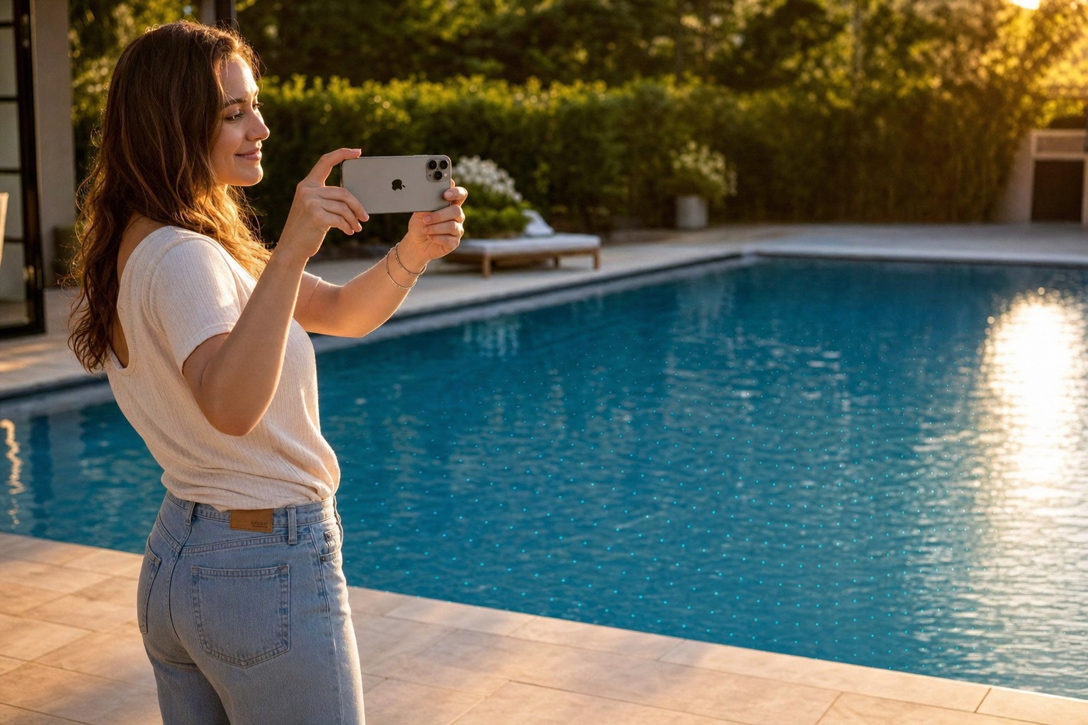 Person casually holding a phone near a backyard pool, effortlessly capturing photos for pool measurement