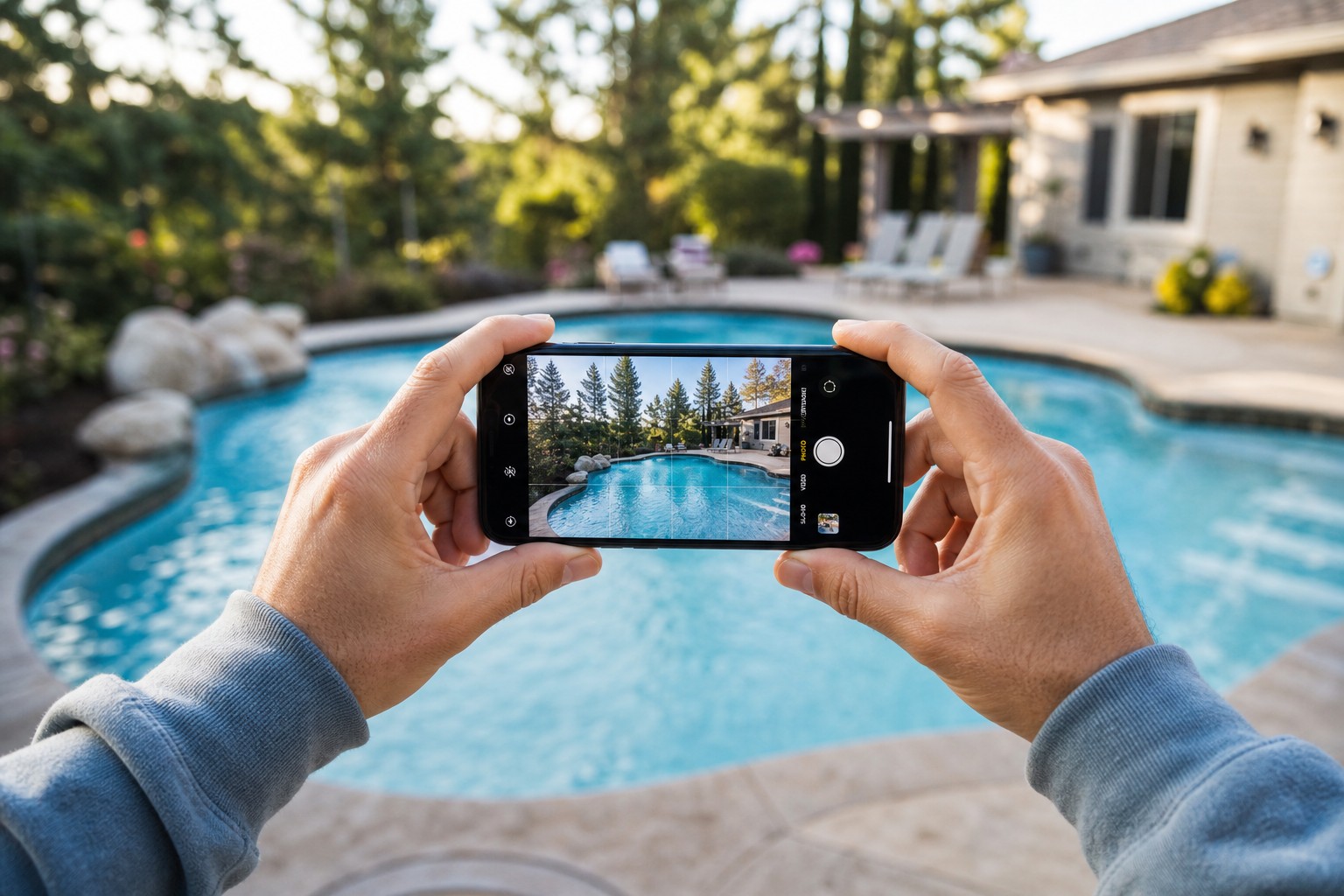 Person taking an over-the-shoulder photo of a pool with a smartphone — just a few casual shots is all it takes