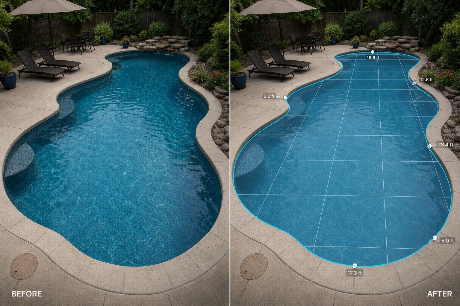 Split image showing raw pool photo on left and processed version with detected edges and geometry lines on right