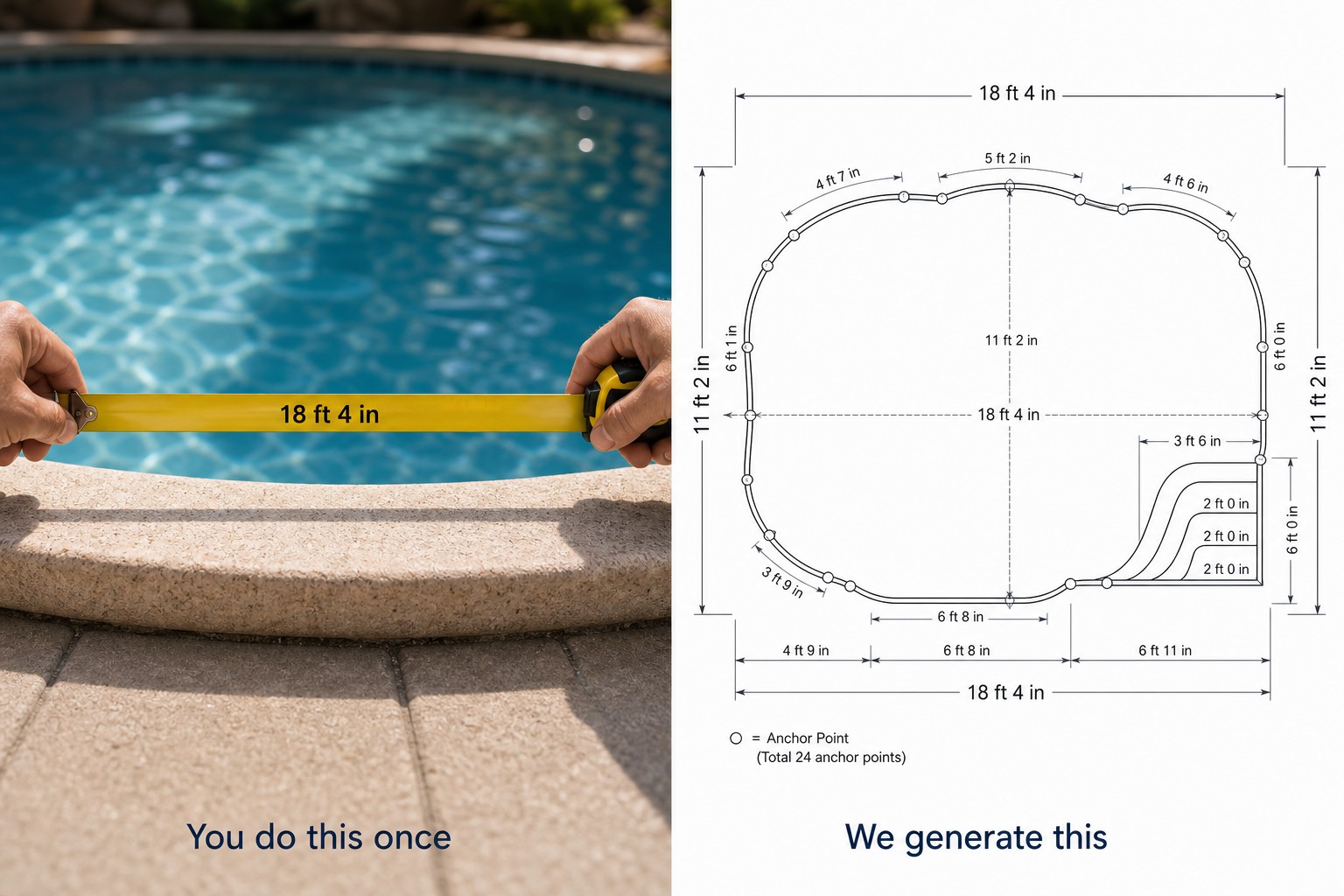 Split image: left shows a tape measure stretched once across pool width; right shows the complete auto-generated pool diagram