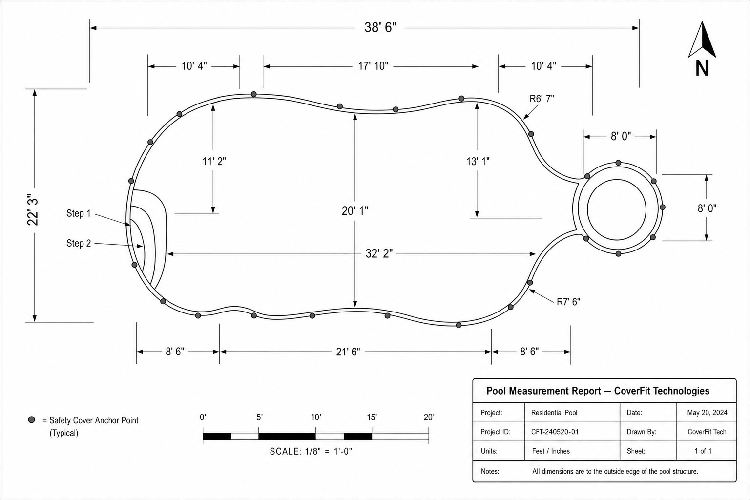 Clean CAD-style top-down pool diagram with precise dimensions, anchor points, and step labels on white background