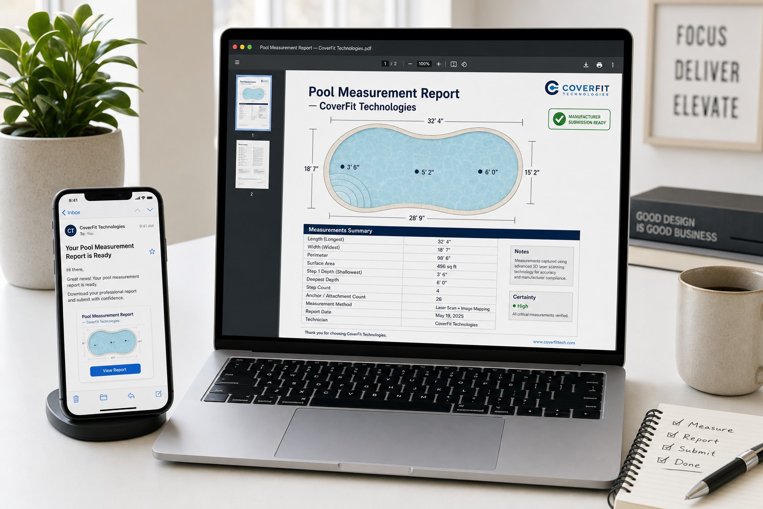 Laptop showing a professional PDF pool measurement report on screen, with a phone nearby showing an email notification