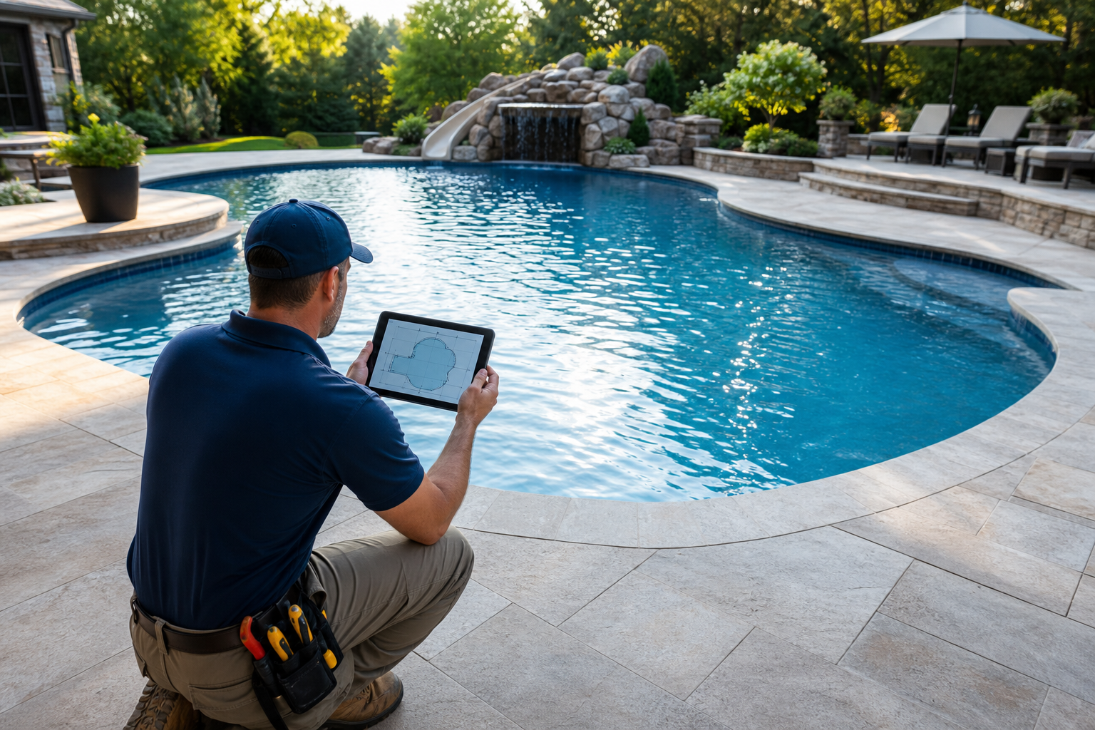 Professional pool technician measuring an irregular pool with a tablet showing a digital pool diagram